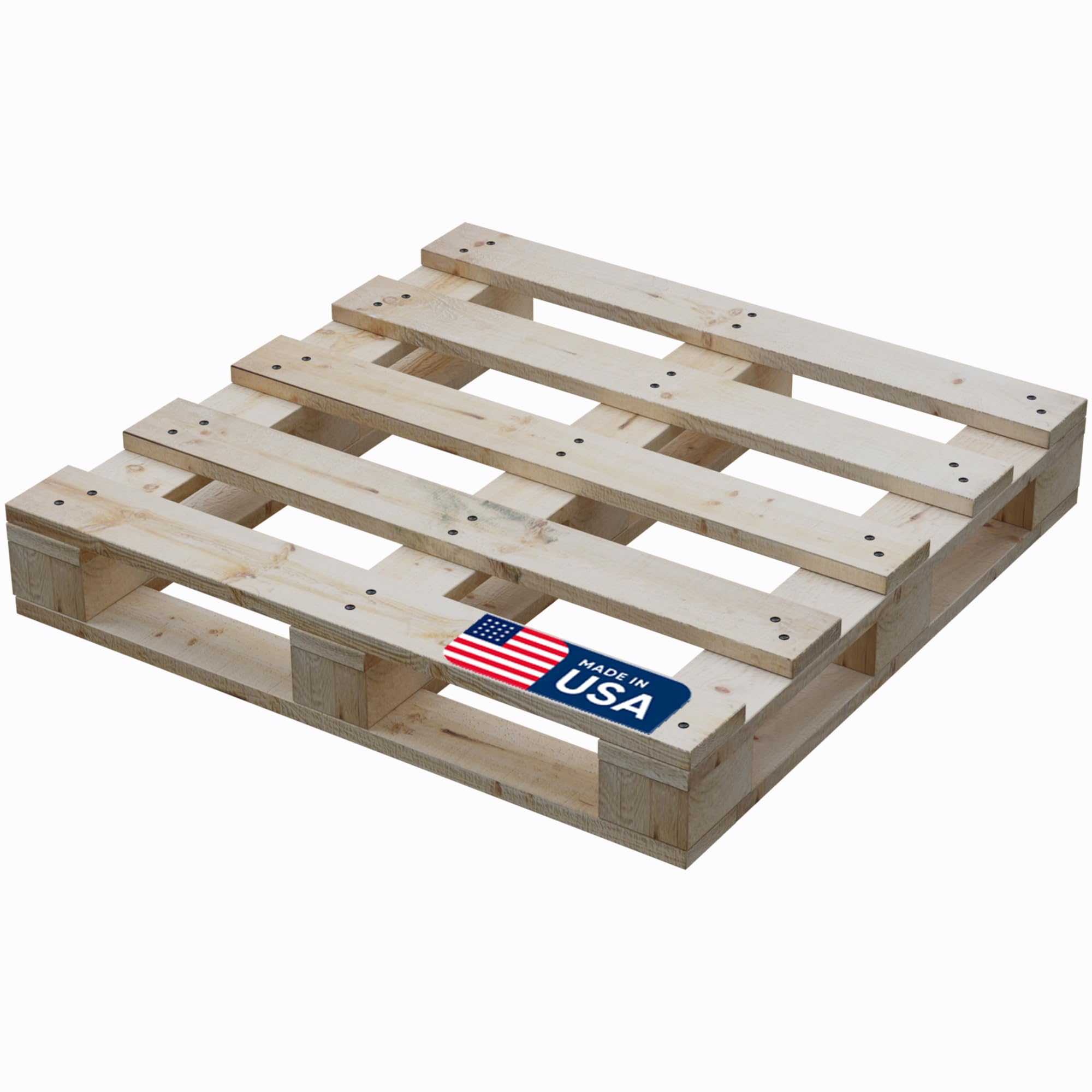 A new wooden pallet with a Made in USA badge featuring an American flag